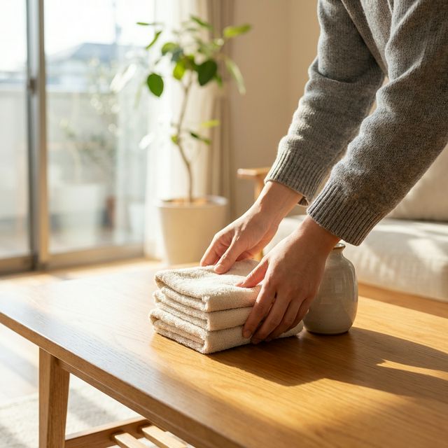 Professionelle Hände beim sorgfältigen Zusammenlegen von Wäsche